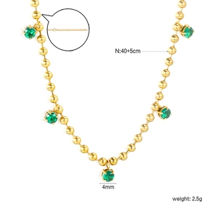 18K gold stainless steel bead necklace with 4mm emerald green zircon pendants