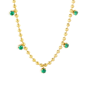 Minimalist 18K gold stainless steel bead necklace with five round emerald green zircon pendants