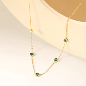 Vintage Heart Pendant Necklace Gold Plated Stainless Steel Emerald Green Zirconia Choker For Women Chic Elegant Jewelry