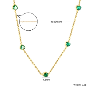 Gold emerald heart necklace with five green stones, 40+5cm dainty choker chain