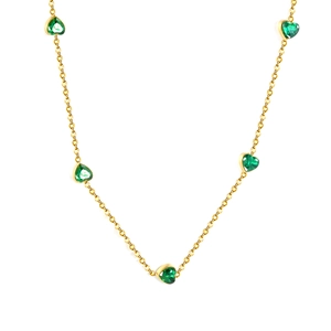 Gold emerald heart necklace with five green stones in bezel setting minimalist design
