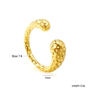 Detailed view of irregular 18K gold-plated ring with hammer texture and size specifications
