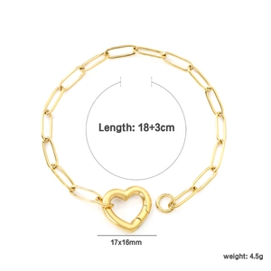 Detail of golden heart clasp bracelet with size 17x16mm and 18+3cm paperclip chain