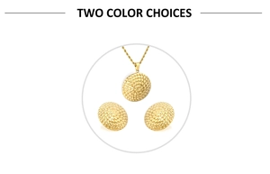 Detail of 18K gold textured round necklace and matching earrings jewelry set