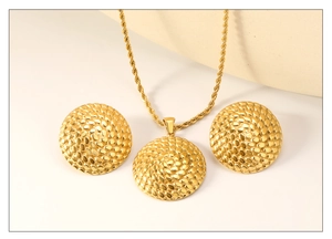 Detailed view of the 18K gold-plated textured round pendant and matching earring set