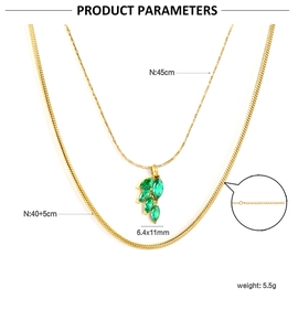 Detail view of leaf pendant necklace set with green zircon dimensions and chain lengths