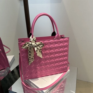 Women Rhombic Embossed PU Leather Tote Bag With Satin Scarf Large Capacity Shoulder Crossbody Bag Fashion Daily Handbag