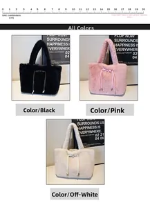 Dettaglio di borse tote in ecopelliccia peluche nera rosa e crema con fiocchetto