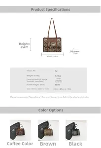 Detailed size specifications and material chart for the leopard print tote bag with PU straps