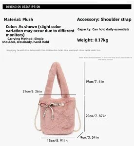 Tableau des tailles du sac seau en peluche rose avec dimensions et bandoulière perle