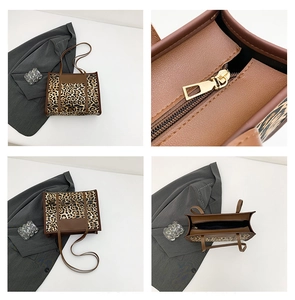 Detailed views of leopard print tote bag with brown leather straps and gold zipper close