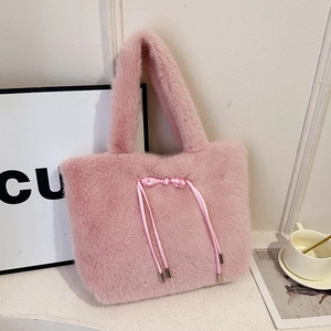 Borsa Tote In Peluche E Pelliccia Sintetica Donna Grande Capacità Borsa A Spalla Con Fiocco Coulisse Calda Invernale Elegante