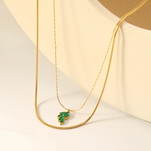 Double Layer Necklace With Green Zircon Leaf Pendant Gold Plated Stainless Steel Snake Chain French Vintage Jewelry Women