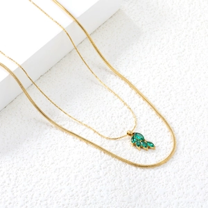 French vintage double-layer gold snake chain necklace with green zircon leaf pendant
