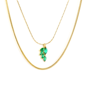Double-layered gold necklace with green leaf pendant and snake bone chain for women