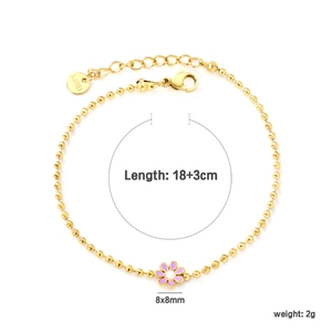 Detail of 18K gold-plated beaded chain with a purple flower charm and 18+3cm sizing info