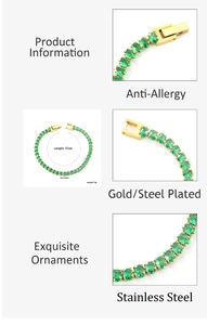 Détails du bracelet tennis en acier inoxydable 17cm avec zircons verts ovales 5x3.5mm