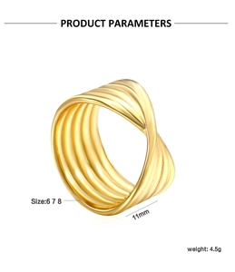 Detailed view of 11mm wide golden wave textured ring with size 6 7 8 specifications