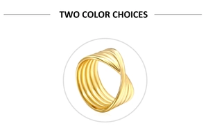 Macro detail of 18K gold stainless steel ring with multi-layer wavy twist texture