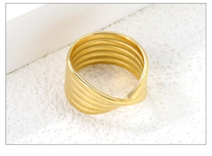 Macro shot of 18K gold plated stainless steel ring featuring detailed ribbed texture