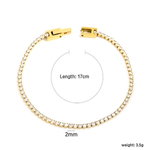 Golden 2mm stainless steel tennis bracelet with sparkling zircons and 17cm length