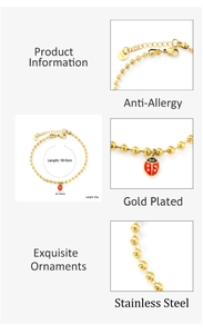 Détail du bracelet à perles coccinelle avec chaîne en acier inoxydable doré 18+3cm