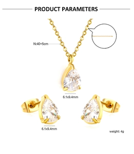 Detail view of pear-cut white zircon jewelry set with 40+5cm necklace and stud earrings