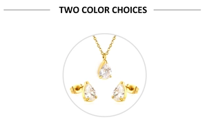 Close-up of gold-plated jewelry set featuring teardrop white zircon earrings and necklace
