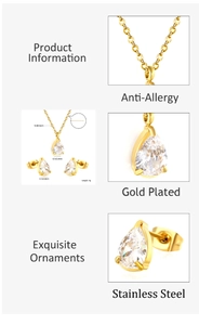 Detailed view of white pear-cut zircon pendant and earrings in gold-plated stainless steel