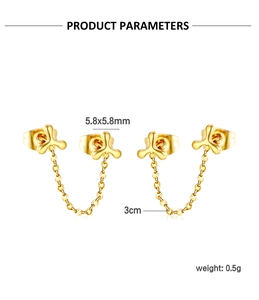 Detailed view of golden double ear stud with chain connector and size dimensions
