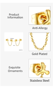 Detail view of gold-plated stainless steel boomerang earring with chain and dimensions
