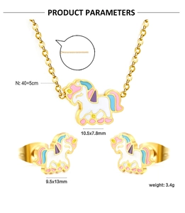 Detail showing dimensions of gold unicorn necklace and earrings set with colorful enamel