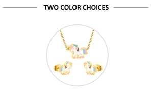Detailed close-up of a colorful unicorn necklace and stud earrings set for children