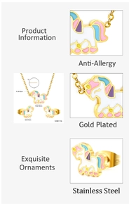 Close-up of gold-plated stainless steel unicorn jewelry set with colorful enamel details