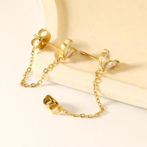 Marquise Cubic Zirconia Stainless Steel Earrings 18K Gold Plated Tassel Chain French Chic Minimalist For Women