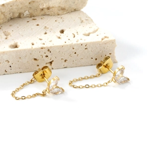 18K gold plated stainless steel tassel earrings with marquise zirconia leaf clusters