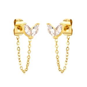 18K gold plated stainless steel leaf earrings with white zircon and long tassels