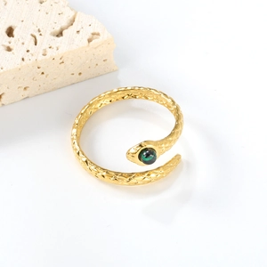 Adjustable 18K gold-plated snake ring with green stone and engraved scale textures