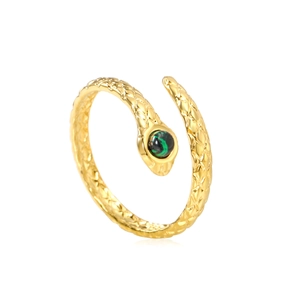 Elegant 18K gold plated stainless steel snake ring with green stone on white background