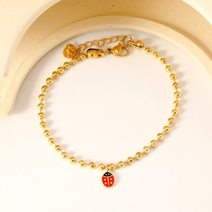 Bracelet À Perles En Acier Inoxydable Plaqué Or Avec Pendentif Coccinelle En Émail Bijoux De Mode Pour Femmes Filles Cadeau