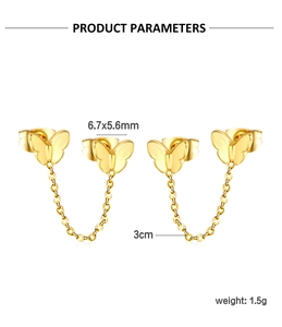 Detailed specs of gold butterfly earrings with chain link including exact size and weight