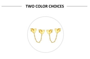 Detail of gold butterfly double piercing earrings with a thin chain link on white background