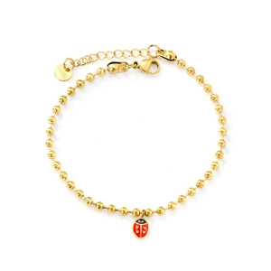 Bracelet à billes en acier doré avec pendentif coccinelle en émail rouge et fermoir
