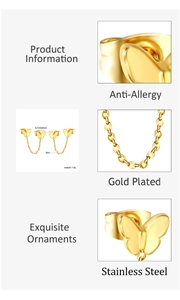 Macro view of gold plated stainless steel butterfly earrings with 3cm chain detail