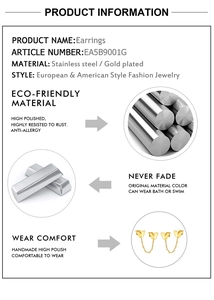 Detailed specs of butterfly drop earrings in gold-plated stainless steel with chain