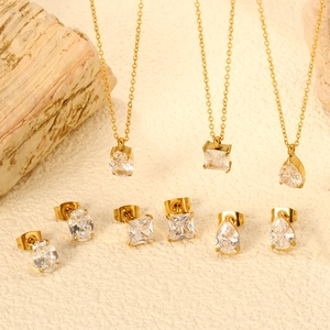 Elegant Stainless Steel Cubic Zirconia Necklace And Stud Earrings Geometric Pear Heart Shape Jewelry For Women