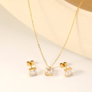 Elegant gold-plated jewelry set featuring square white zircon pendant necklace and stud earrings
