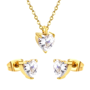 Golden stainless steel jewelry set featuring heart-shaped white zirconia necklace and earrings