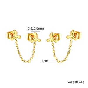 Golden double piercing chain earrings with clover studs and minimalist tassel fringe