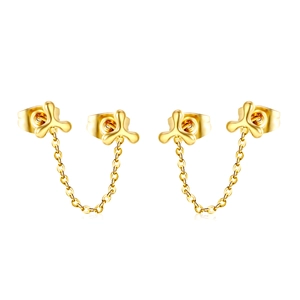 Polished gold double piercing earrings featuring minimalist studs with connected tassel chains
